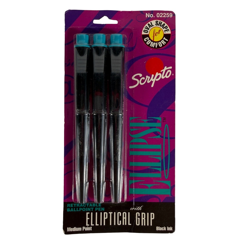 Scripto 3 Pack‎ Ballpoint Pens Ellipse Retractable Medium Point Black Ink 1994